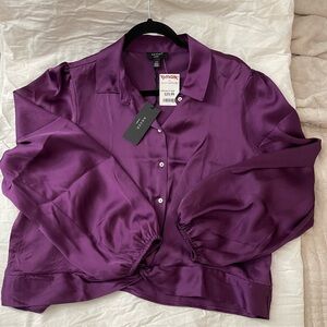 NWT Eggplant Purple satin long sleeve cropped blouse XL